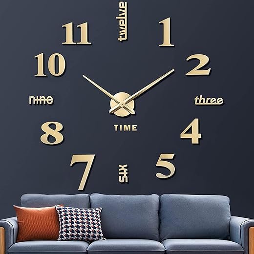 VREAONE Frameless DIY Wall Clock,Large Modern 3D Mirror Wall Clock Decor Sticker DIY Clock kit for Home Living Room Bedroom Office Wall Decorations(Gold)