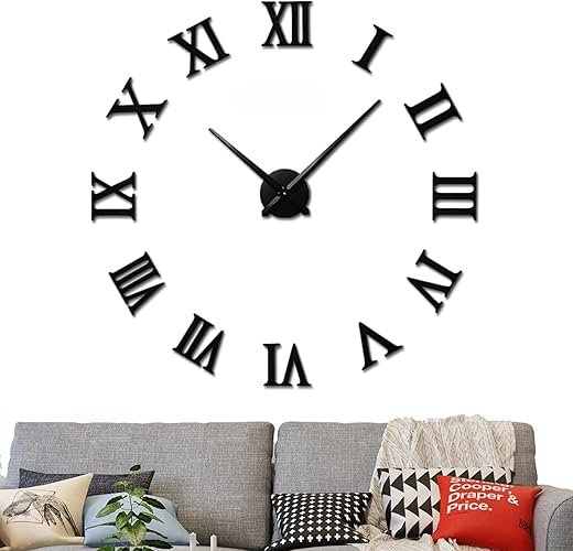 VREAONE Large 3D DIY Wall Clock, Giant Roman Numerals Clock Frameless Mirror Big Wall Clock Home Decoration for Home Living Room Bedroom Wall Decorations(Black)