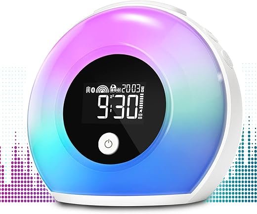 Wake-Up Light Alarm Clock - Kids Night Light Alarm Clock with Bluetooth Speaker Dimmable 4 Level Brightness Colorful Lighst Bedside Lamp Music Player for Kids, Party, Bedroom, Camping