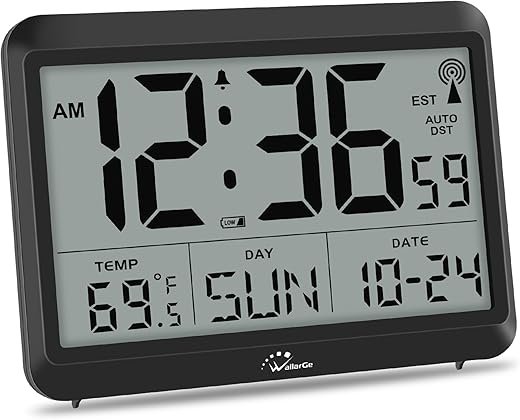 WallarGe Atomic Digital Wall Clock Battery Operated, Self-Setting, Large Display with Temperature, Date, Day of The Week, Silent Wall Mount Digital Clock, 4 Time Zones, DST