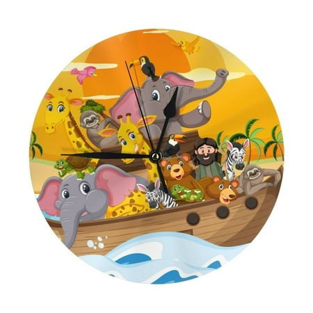 Wall Clock - Animals on Noah's Ark1 9.8 Inch Silent Non Ticking Modern Round Wall Clocks Battery Operated Classic Clock for Bedroom, Living Room, Office, Home, Kitchen, Bathroom