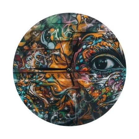 Wall Clock - Colorful Graffiti Abstract Eye 9.8 Inch Silent Non Ticking Modern Round Wall Clocks Battery Operated Classic Clock for Bedroom, Living Room, Office, Home, Kitchen, Bathroom