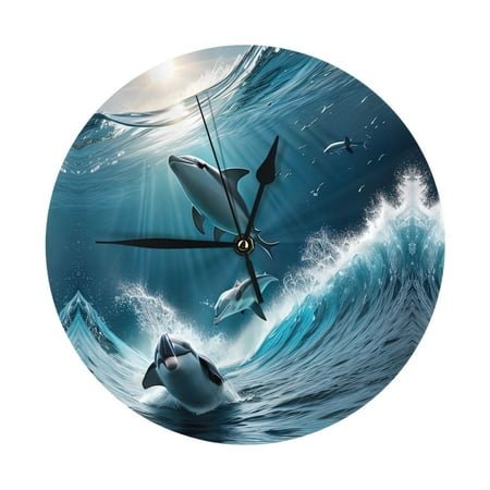 Wall Clock - Ice Blue Ocean Cute Dolphin A 9.8 Inch Silent Non Ticking Modern Round Wall Clocks Battery Operated Classic Clock for Bedroom, Living Room, Office, Home, Kitchen, Bathroom