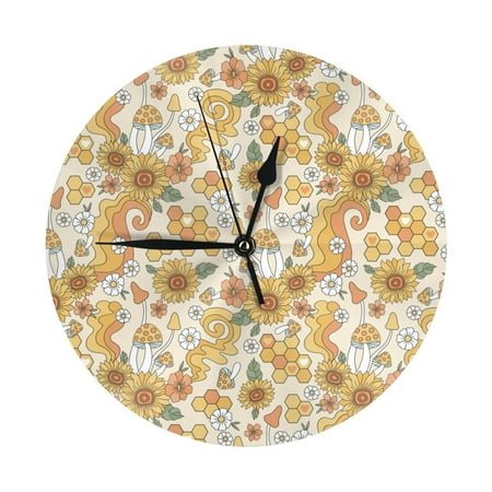 Wall Clock - Retro 70s 60s Flower 9.8 Inch Silent Non Ticking Modern Round Wall Clocks Battery Operated Classic Clock for Bedroom, Living Room, Office, Home, Kitchen, Bathroom