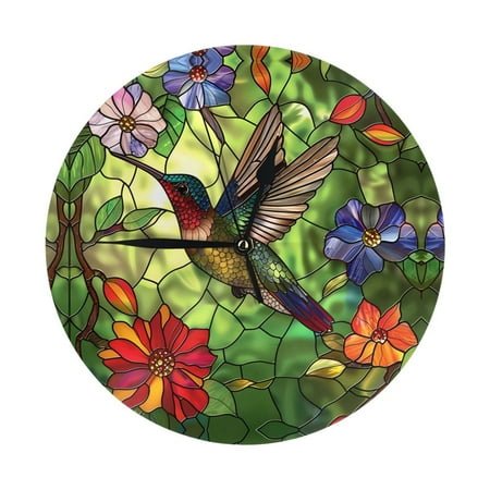 Wall Clock - Stained Glass Hummingbird Art 9.8 Inch Silent Non Ticking Modern Round Wall Clocks Battery Operated Classic Clock for Bedroom, Living Room, Office, Home, Kitchen, Bathroom
