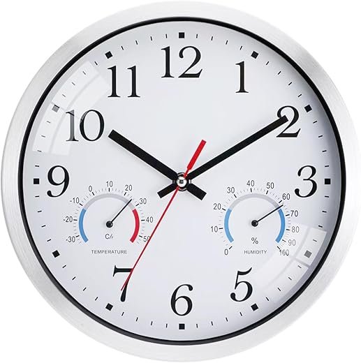 Wall Clock, 10 Inch Wall Clock Battery Operated with Temperature and Humidity, Silent Non Ticking Silver Aluminum Frame Morden Wall Clocks for Living Room Bathroom Kitchen Office Bedroom (White)