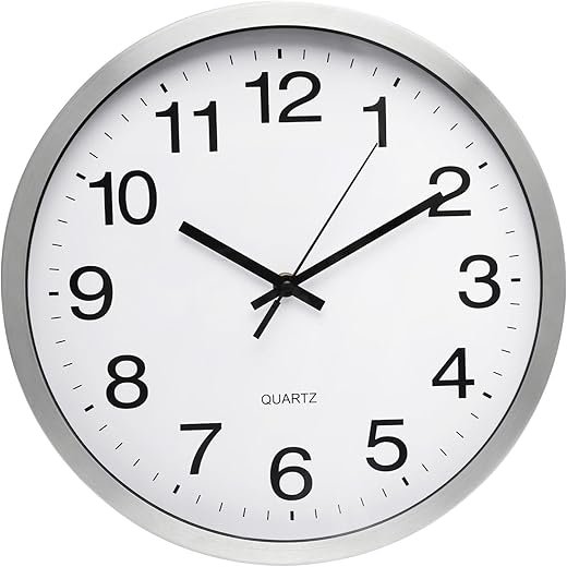Wall Clock 12 Inch Metal Finish Silent Non Ticking Indoor Clock Round Battery Operated Stainless Steel Wall Clocks for Home, Office, Living Room (White-White, 12 Inch)