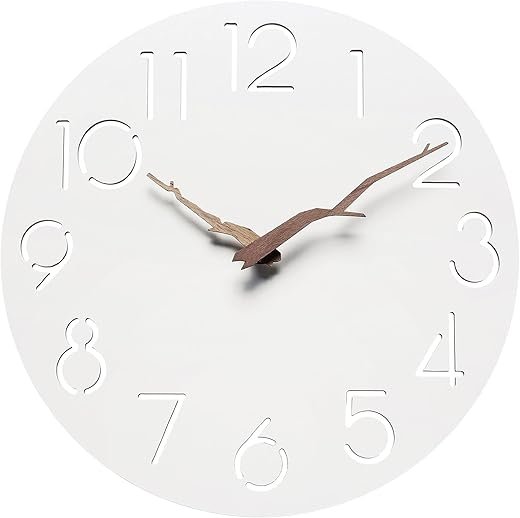 Wall Clock 12 Inch Mute Non Ticking Wood Battery Operated Wooden White Modern Simple Minimalist Decorative for Bedroom Home Decor Living Room Office Hotel, 3D Hollow Design, Super Silent
