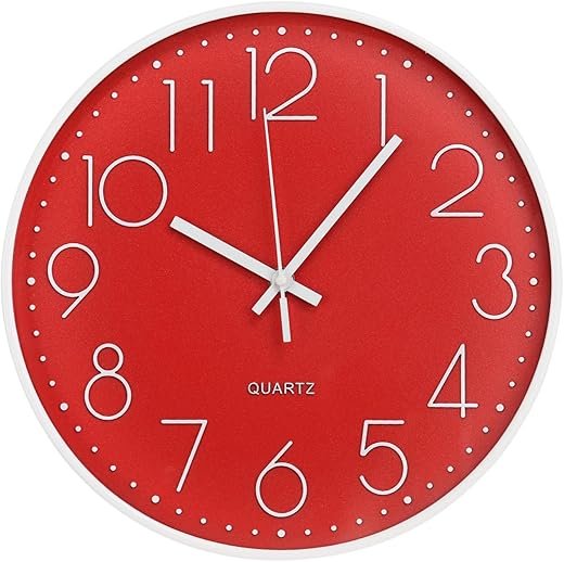 Wall Clock 12 Inch Non-Ticking Silent Modern Simple Style Round Decor Clock Red Stereoscopic Dial Quartz Wall Clocks for Home/Office/School/Living Room/Bedroom/Kitchen
