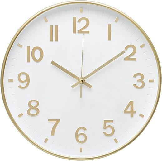Wall Clock 12 Inch White-Gold Modern Simple Quartz Decorative Clock Non-Ticking Silent Battery Operated Round Wall Clocks for Living Room Bedroom Kitchen Office Classroom