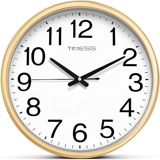Wall Clock, 13 Inch Large Dial Non-Ticking Silent Battery Operated Quality Analog, Ultra-Quiet Movement Quartz, Timeless Stylish Clock, Ideal Modern Home, Office Décor (Gold)
