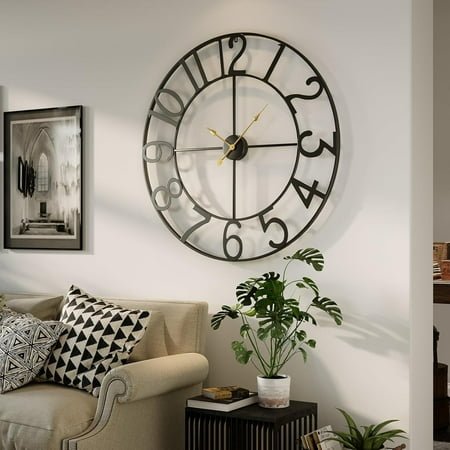 Wall Clock, 36 Inch Large Wall Clock for Living Room, Completely Silent Non Ticking Battery-Operated Arabic Numerals Metal Round Modern Black Wall Clocks for Kitchen, Bedroom, Dining Room, Office