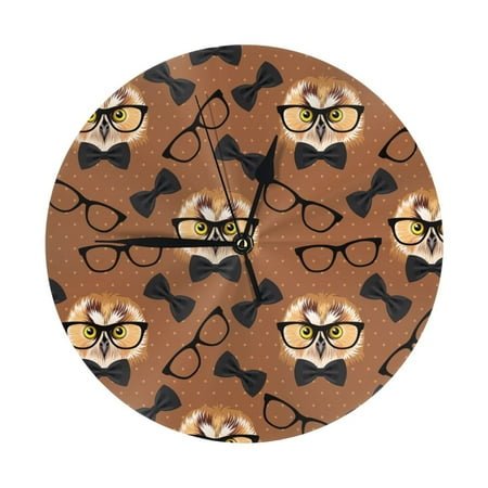 Wall Clock Black Bow Owl Brown Wall Clocks Battery Operated, Modern Wall Clock for Bedroom, Classroom, Living Room, Office, Home Decor