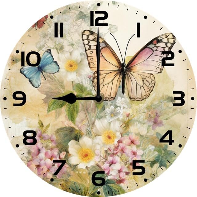 Wall Clock,Butterfly and Flowers Kitchen Decor and Accessories, Decorative Battery Operated Clocks for Living Room Bedroom Bathroom Farmhouse, 10 Inch