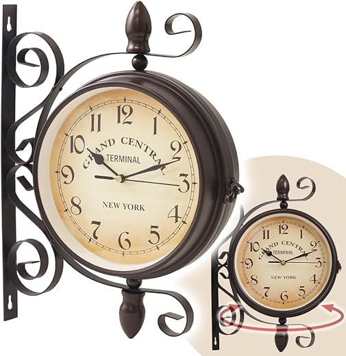 Wall Clock Double Sided Decorative Vintage Hanging Antique Indoor Silent Move Wall Mounted Brown Black (Brown, Dial 9.84 inch)