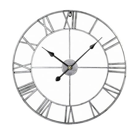 Wall Clock, Metal Retro Roman Numeral Clock, 40Cm Modern Round Wall Clocks Almost Silent, Easy To Read For Living Room/Home/Kitchen/Bedroom/Office/School Decor -Vintage Silver+Black Needle