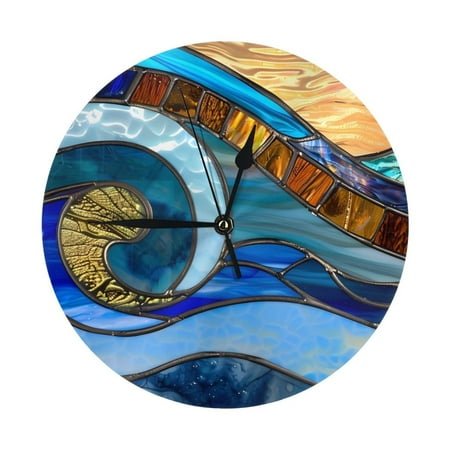 Wall Clocks Battery Operated, Stained Glass Ocean Wave 9.8 Inch Silent Non Ticking Decorative Large Wall Clock, Wall Clock for Living Room Bathroom Kitchen Bedroom Wall Decor