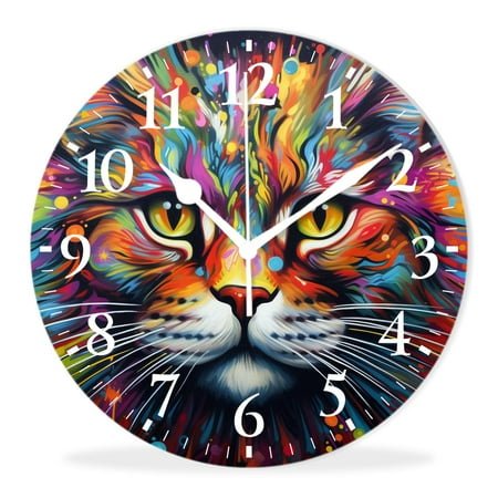 Wall Clock Silent Non-Ticking Battery Operated Modern Wall Clocks Decorative for Bathroom Kitchen-Colorful Cat Face Illustration(10inch)
