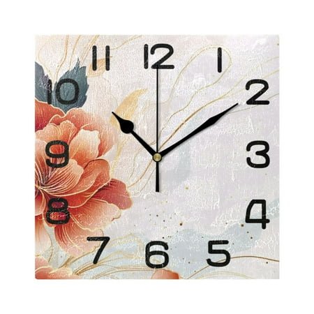Wall Clock Square Silent Non-Ticking Peony Flower Abstract Retro Battery Operated Clock 7.78 inch Home Kitchen Office Decoration
