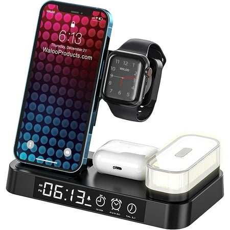 Waloo 4 in 1 Wireless Charging Dock with Multi Colored Night Light & Alarm Clock Compatible with Apple Devices (Black)