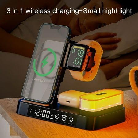 Washranp Alarm Clock Charging Station,3 in 1 Foldable Wireless 15W Fast Charge Station Didital Alarm Clock and Magnetic Night Light for Phone Watch Earphone Charging Dock