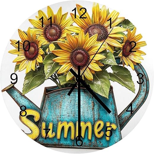 Watering Can with Sunflowers Round Wall Clock Modern Silent Non Ticking Wooden Clock 12 Inch