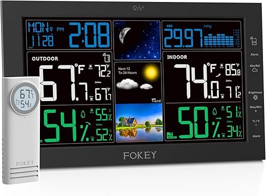 Weather Station Wireless Indoor Outdoor, Indoor Outdoor Thermometer Wireless, Home Weather Stations Digital Atomic Clock, Inside Outside Temperature Humidity Sensor Barometric Guage, Black