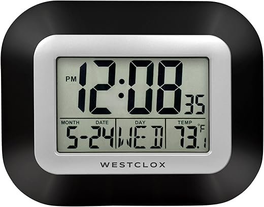 Westclox Large Digital Wall Clock Battery Operated with Temperature Date and Day of Week with Alarm | Modern Digital Desk Clock for Office Kitchen Bedroom or Living Room | Black
