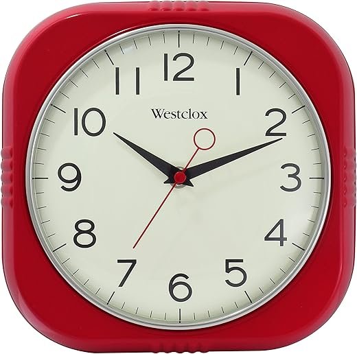 Westclox Retro Wall Clock Vintage 1950s Vintage Wall Clock for Kitchen Decor with Large 9.5 Display & Quiet Ticking | 50's Mid Century Retro Clock for Kitchen or Living Room | Red/Square