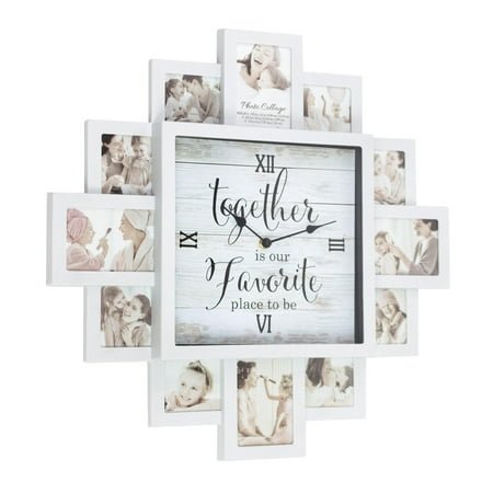 White Picture Frame Photo Collage Clock - 12 Slots, Farmhouse Wall Decor, Wall Clock for Living Room, Bedroom, Kitchen, Office (Together, 20x20)