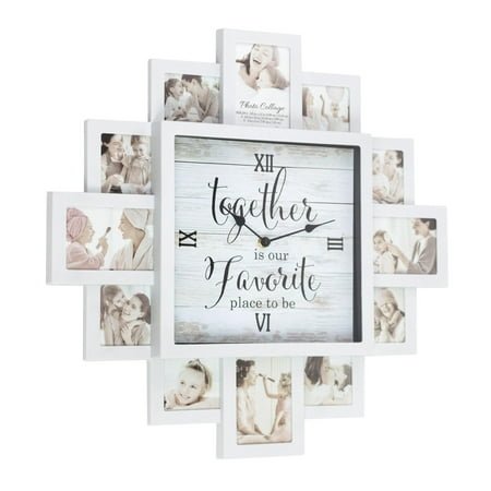 White Picture Frame Photo Collage Clock - 12 Slots, Farmhouse Wall Decor, Wall Clock for Living Room, Bedroom, Kitchen, Office (Together, 20x20)