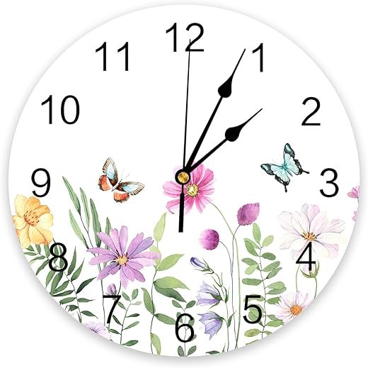 Wildflower Butterfly PVC Wall Clock Silent Non-Ticking Battery Operated Clocks, Spring Floral Round Clock for Home Living Room Office School Kitchen Bedroom Bathroom Wall Decor 12 Inch Summer Flowers