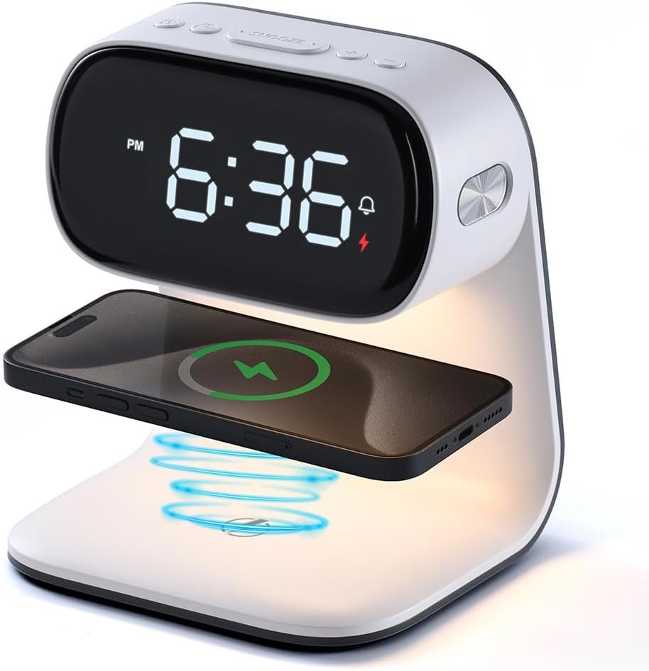 WILIT Alarm Clock with Wireless Charging,Dimmable Night Light,Snooze Function,10W Fast Charger,Modern Bedside Clock for Bedroom,Kids,Teens,Adults,Gift for Men and Women(White)
