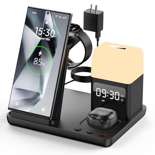 Wireless Charger for Samsung/Android Charging Station, 6 in 1 Fast Watch Charger with Alarm Clock-Night Light, Compatible for Galaxy S25 Ultra/S24/S23, Only for Samsung Watch7, Galaxy Buds3 Pro(Black)