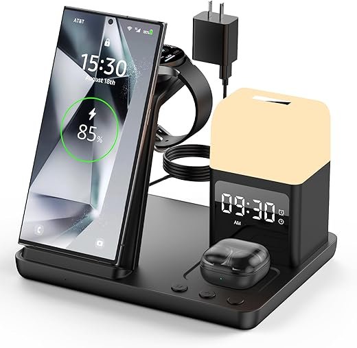 Wireless Charger for Samsung/Android Charging Station, 6 in 1 Fast Watch Charger with Alarm Clock-Night Light, Compatible for Galaxy S25 Ultra/S24/S23, Only for Samsung Watch7, Galaxy Buds3 Pro(Black)