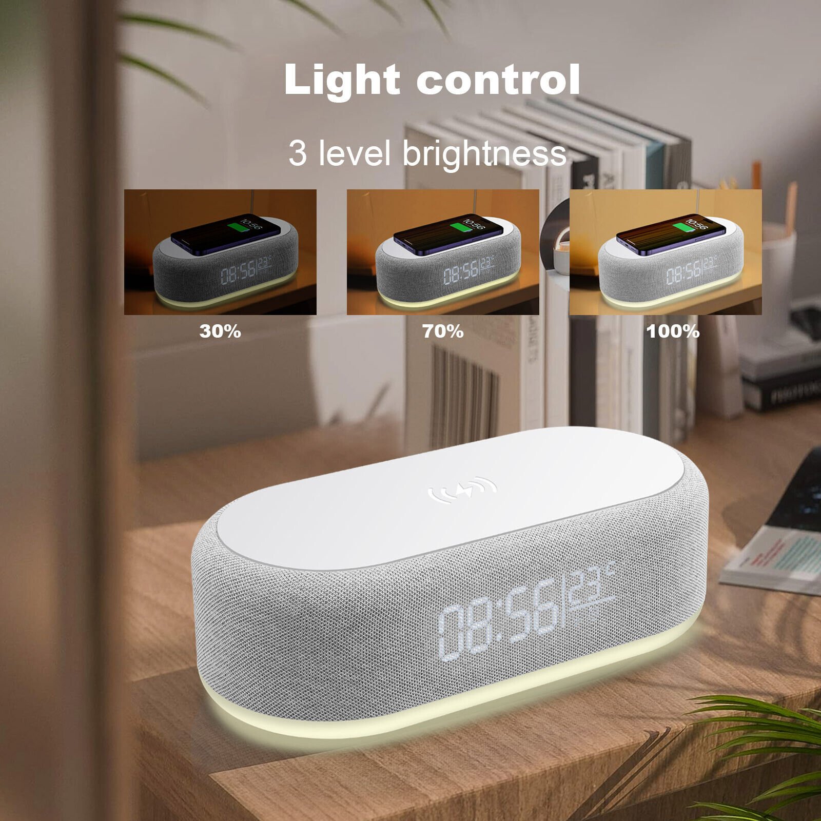 Wireless Charger With Alarm Clock Night Light Thermometer For iPhone Samsung S24