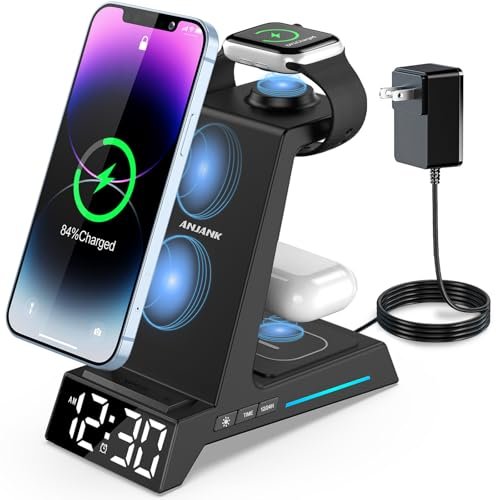 Wireless Charging Station - 4 in 1 Wireless Charger with Alarm Clock, Charging Stand Dock for iPhone 16 15 14 13 12 11 X 8, for AirPods 3 Pro, Apple Watch 9/8/7/6/5/SE/4/3/2