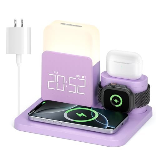 Wireless Charging Station, 7 in 1 Wireless Charger Stand with Dual Alarm Clock, Charging Dock for iPhone16/15/14/13/12/11/Pro/Max/Samsung Phone, Apple Watch 9/8/7/6/5/SE, AirPods/3/2 (Purple)