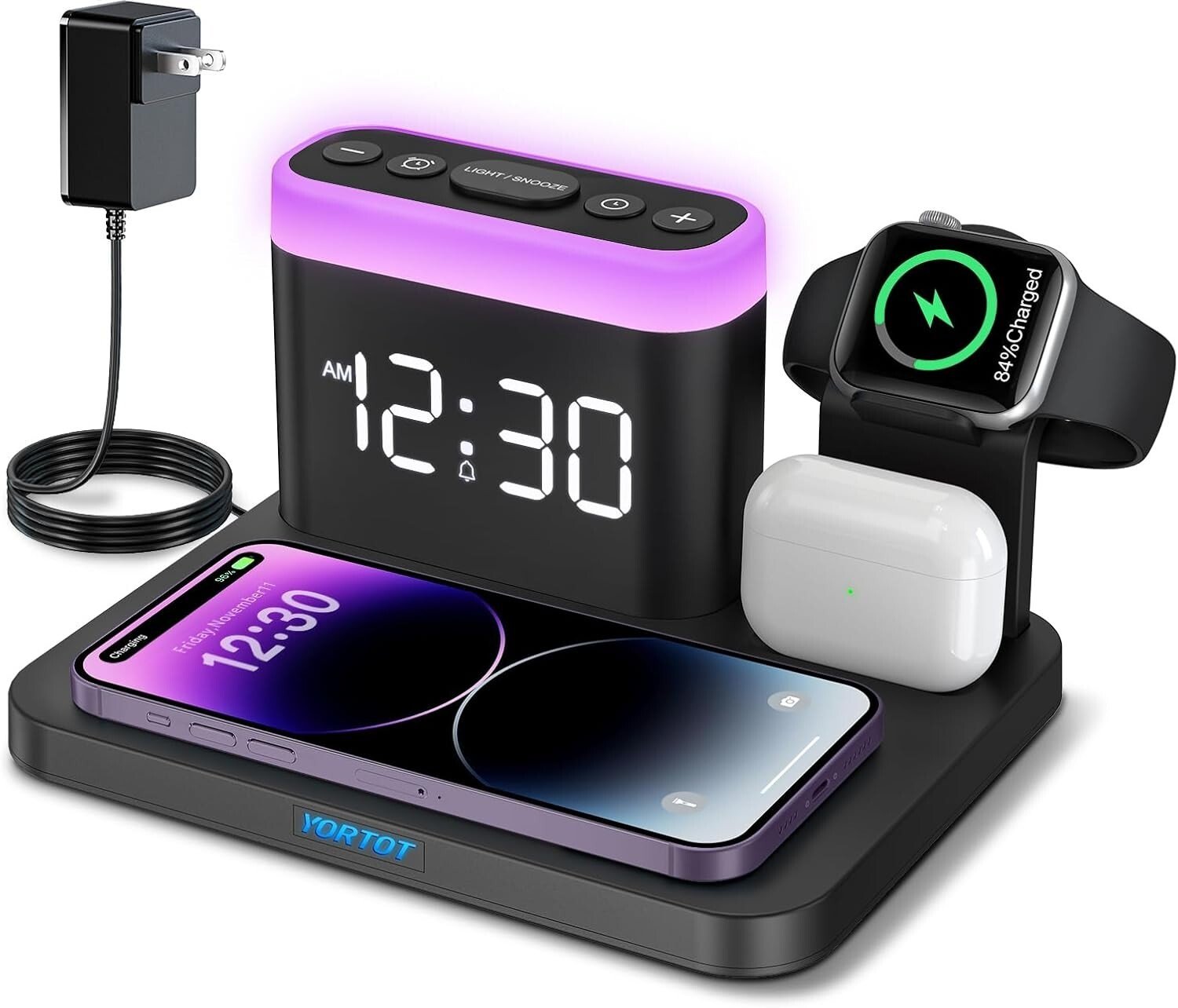 Wireless Charging Station Alarm Clock with 7 Multiple Colors Light - 5 in 1 W...