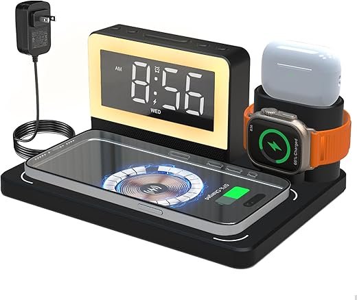 Wireless Charging Station for Apple,Nightstand Charging Station with 7 Color Night Light Multiple Devices with Alarm and Clock for iPhone 16/15/14/13/for Apple Watch for Airpod (Black)