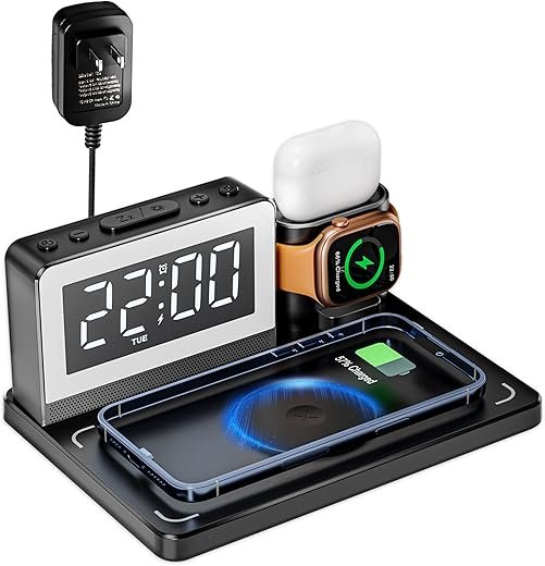 Wireless Charging Station with Alarm Clock and 6 in 1 Bedside 7 Color Night Light for Magsafe for iPhone for Apple Watch for Airpod,Magnetic Cell Phone Charger Docking Stand for Apple Devices (Black)