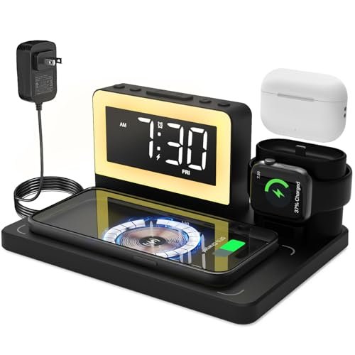 Wireless Charging Station with Alarm Clock and 6 in 1 Bedside 7 Color Night Light for Magsafe for iPhone for Apple Watch for Airpod,Magnetic Cell Phone Charger Docking Stand for Apple Devices (Black)