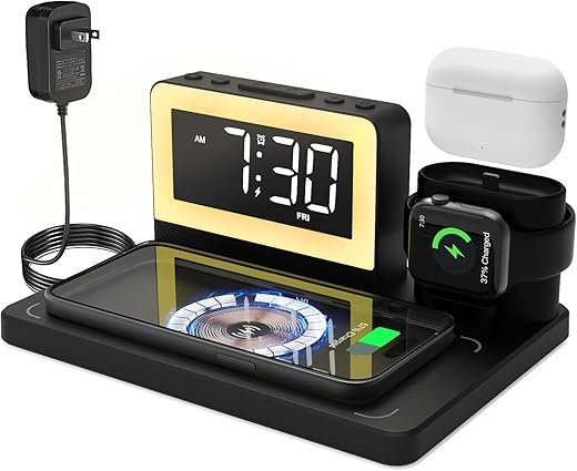 Wireless Charging Station with Alarm Clock and 6 in 1 Bedside 7 Color Night Light for Magsafe for iPhone for Apple Watch for Airpod,Magnetic Cell Phone Charger Docking Stand for Apple Devices (Black)