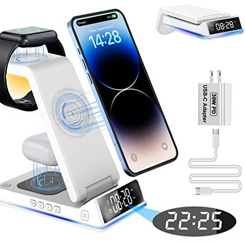Wireless Charging Station with Alarm Clock, iPhone 3 in 1 Wireless Charger [with Clock and 30W Adapter], Fast 15W Wireless Charging Dock Stand for iPhone 16/15/14/13 Phones, Apple Watch & Airpods
