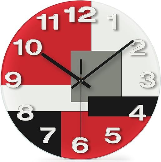 WISKALON Abstract Geometric Glass 12 Wall Clock in White, Grey, Red and Black - Battery Operated, Silent Non Ticking Quartz Clock for Home, Kitchen, Living Room, Bathroom, Bedroom, or Office Decor