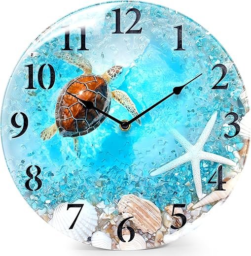WISKALON Coastal Nautical Glass Wall Clock with Seashell Design and Turtle Beach Theme - Battery Operated Silent Wall Decor for Home, Kitchen, Living Room, Office, Bedroom, or Bathroom (12 Inch,Blue)