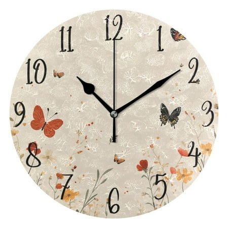 WOBOGO Butterfly Wildflower Pictures Wall Clock 10in Silent Mechanism Battery Operated Retro Style for Living Room Bedroom and Kitchen Black Pointer