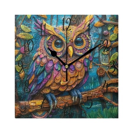 WOBOGO Complex Camo Owl Wall Clock 7.78 Inch Battery Operated Silent Unit Square Rustic Vintage Style for Home Bedroom Office Black Pointer
