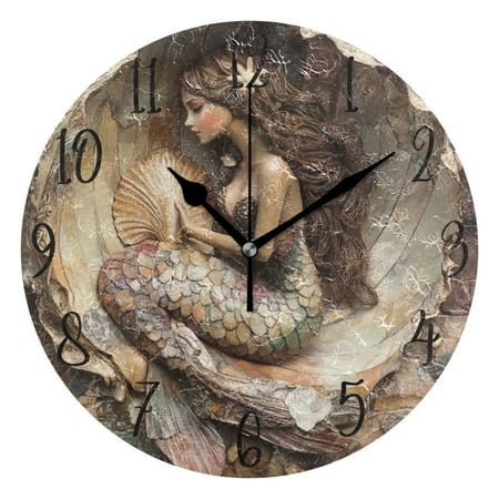 WOBOGO Mermaid Inside The Shell Wall Clock 10in Silent Mechanism Battery Operated Retro Style for Living Room Bedroom and Kitchen Black Pointer