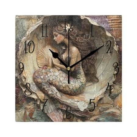 WOBOGO Mermaid Inside The Shell Wall Clock 7.78 Inch Battery Operated Silent Unit Square Rustic Vintage Style for Home Bedroom Office Black Pointer